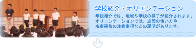 学校紹介・オリエンテーション
学校紹介では、地域や学校の様子が紹介されます。オリエンテーションでは、施設の使い方や海事研修の注意事項などの説明があります。